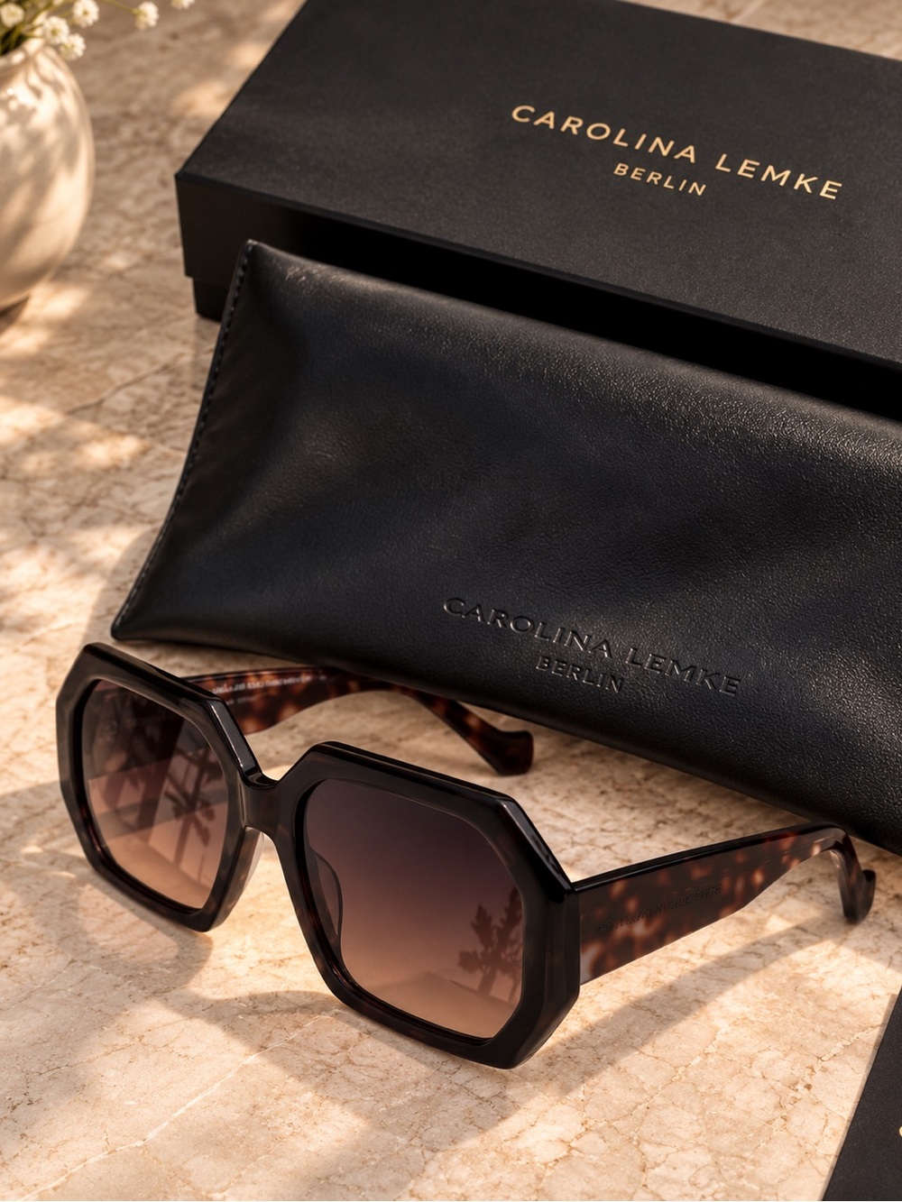 New Carolina Lemke Tortoiseshell Oversized Sunglasses w box and case